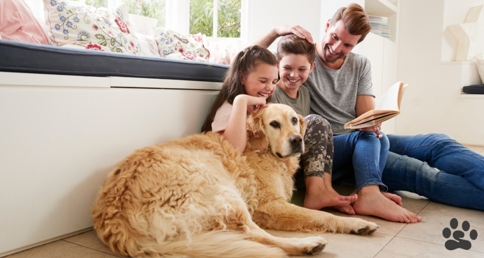 Happy family at home with their Golden Retriever