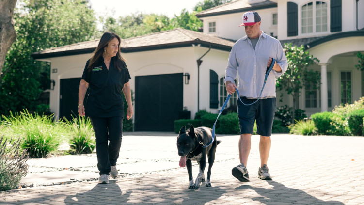 Woman training a dog in the front yard