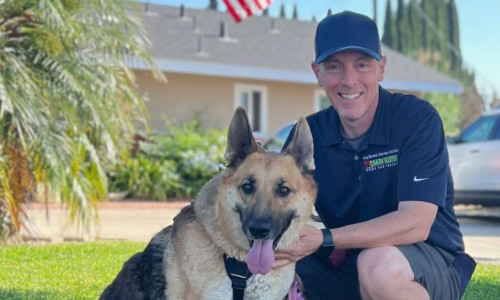 Dog trainer in East Orange County training a dog at home