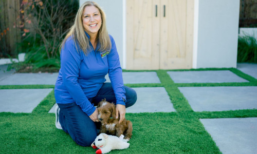 Dog trainer in the backyard with a puppy