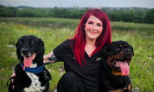 Dog trainer in Austin Texas with her four dogs in a grassy field
