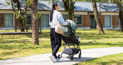 Women pushing a baby stroller outside in a park