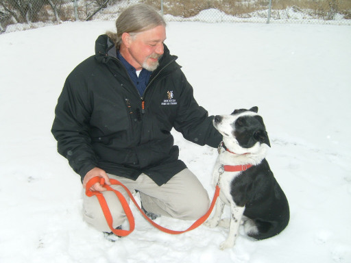 Dog trainer outside in the snow leash training a dog